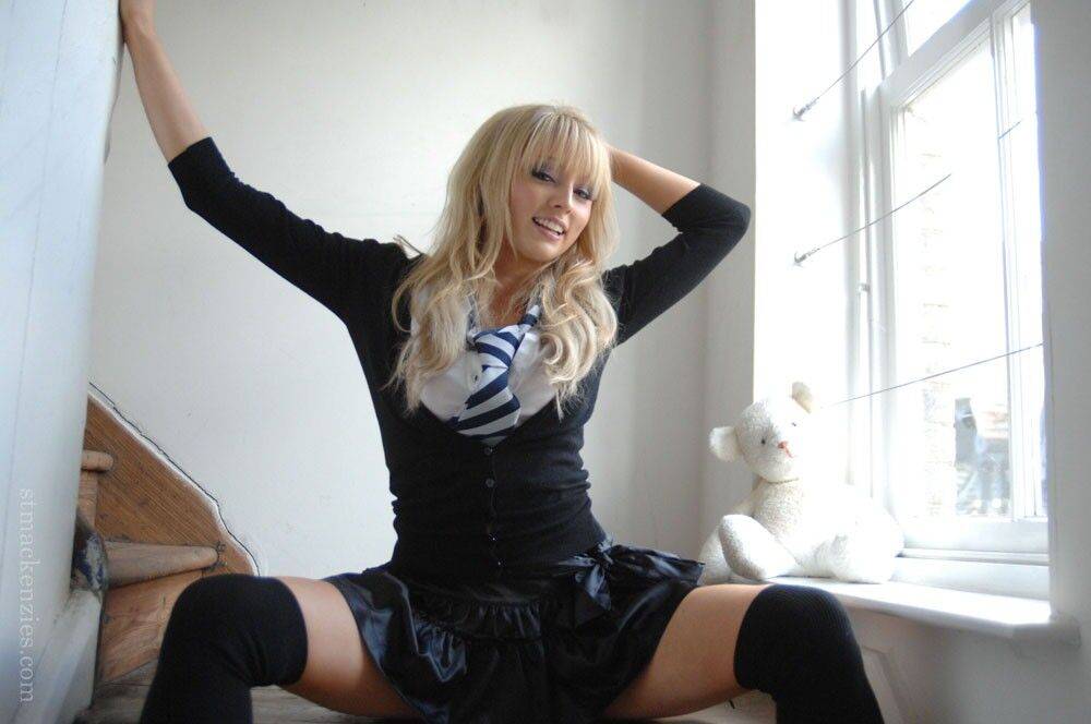 Adorable babe in black socks Elle Parker taking off her school uniform - #4