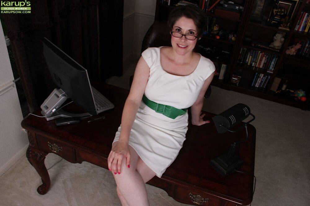 Chunky older mom in glasses Sadie Jones posing fully clothed in white dress - #3