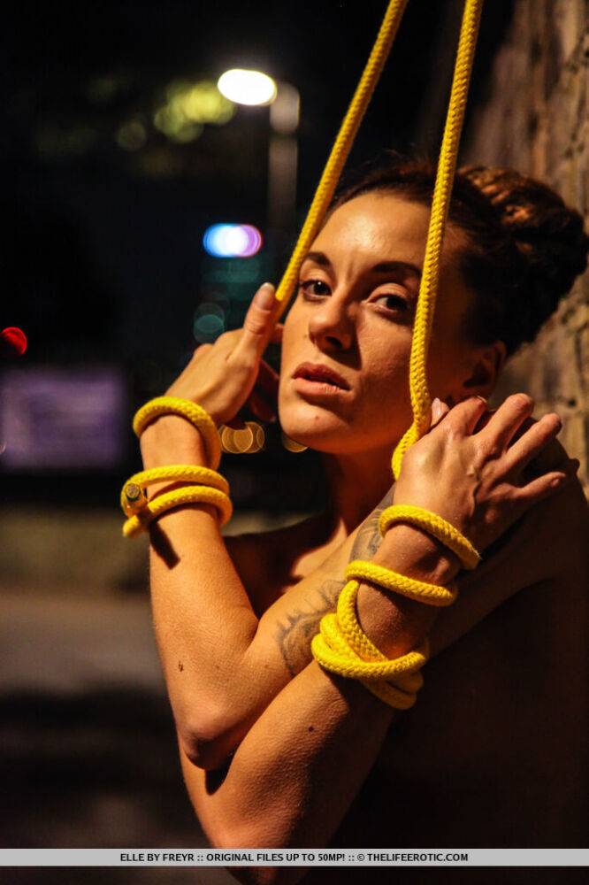 Naked teen is restrained to a brick wall with yellow rope at night - #7