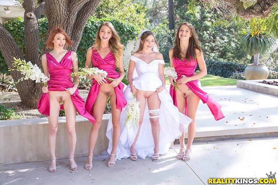 Lesbian girls in bridesmaids uniform flash hot ass in nude upskirt in the park - #1