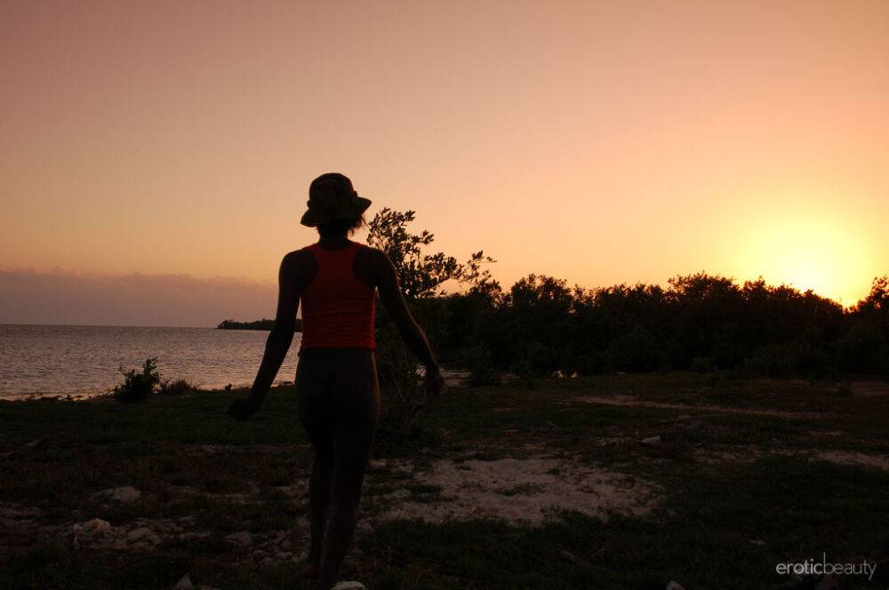 Black girl Maria L displays her naked body in a field near the sea - #3