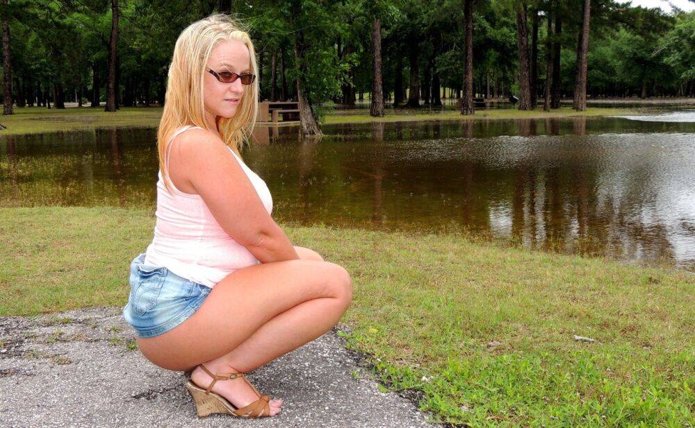 Thick blond Dee Siren flashes in a park before having sex in a vehicle - #6