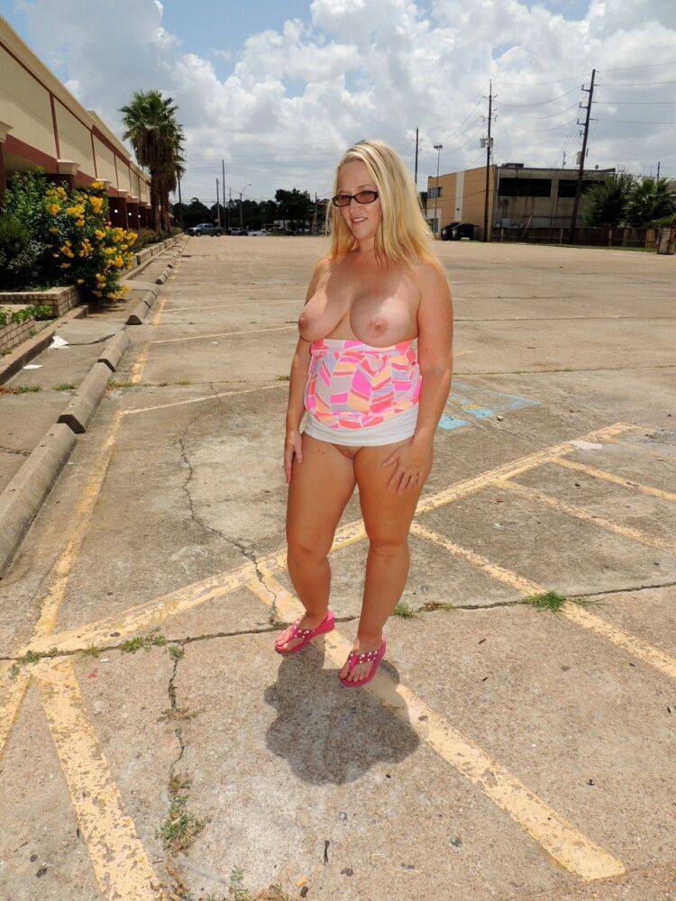 Overweight blonde Dee Siren exposes herself and sucks cock in public places - #15
