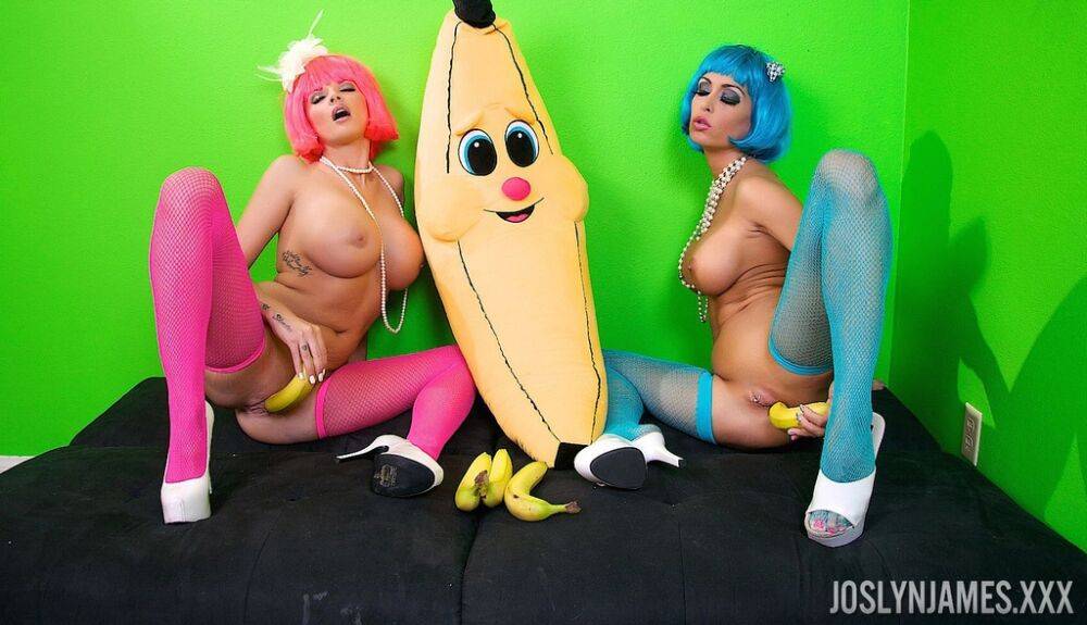 Nylon and high heel wearing females indulge in food fetishism with bananas - #1