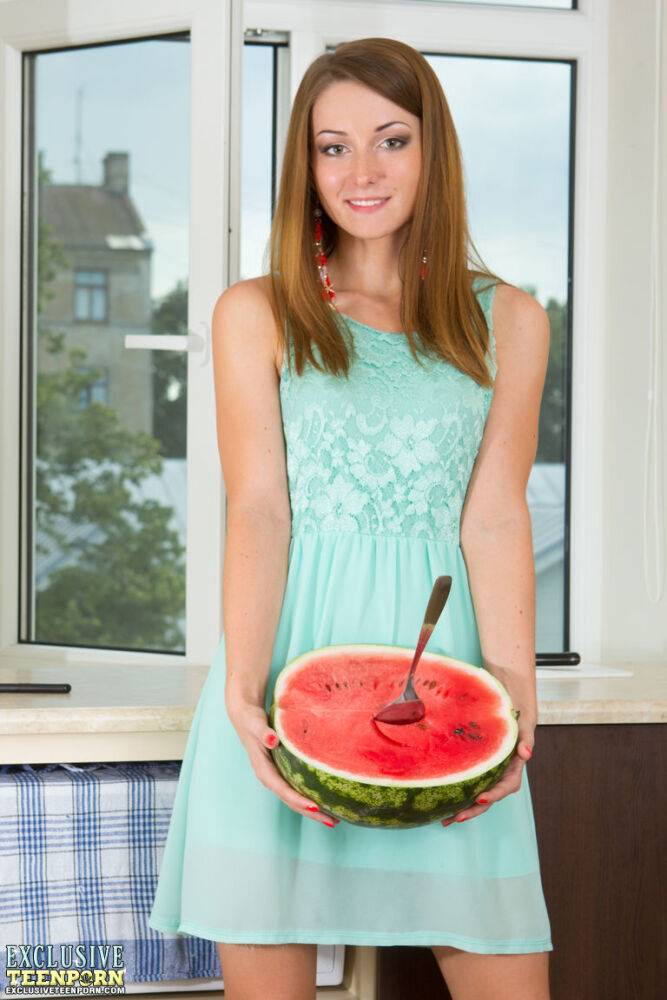 Sweet teen girl Teddy scoops at a watermelon before fingering her pink pussy - #4