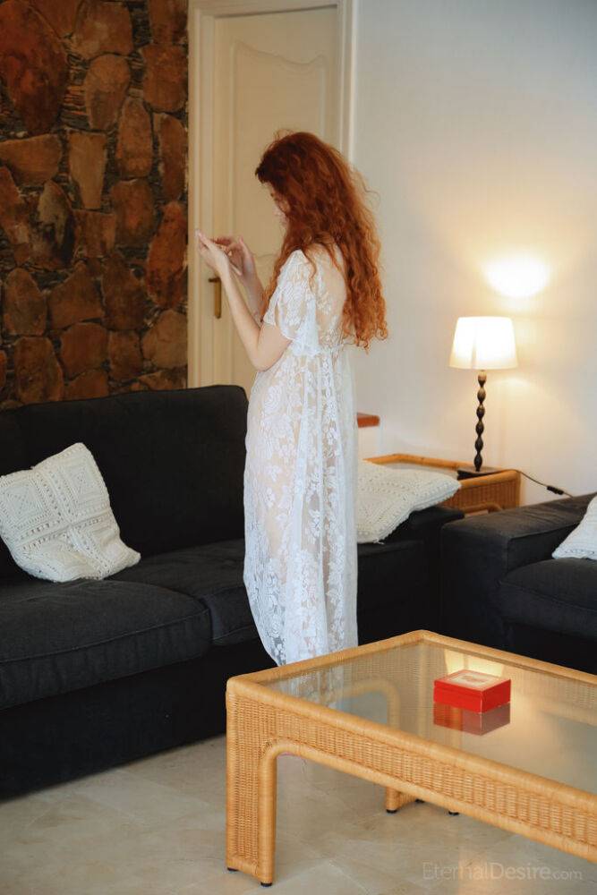 Natural redhead Adel C fingers her pink pussy in white robe - #5