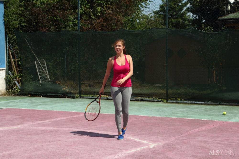 Fitness friends Amy & Antonia pause the tennis game to fist & toy on the court - #3