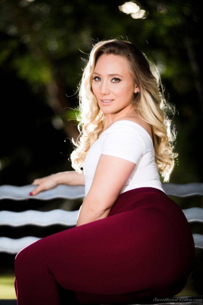 Blonde solo girl AJ Applegate rips off her leggings and onesie on the patio - #10