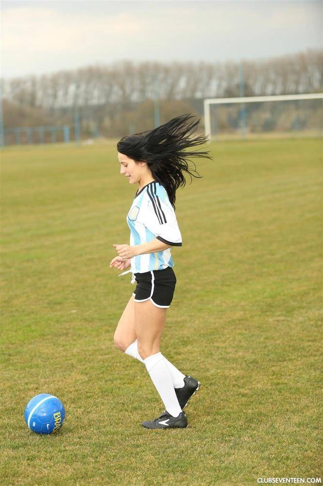 Barely legal soccer player removes her uniform before masturbating on a bench - #9