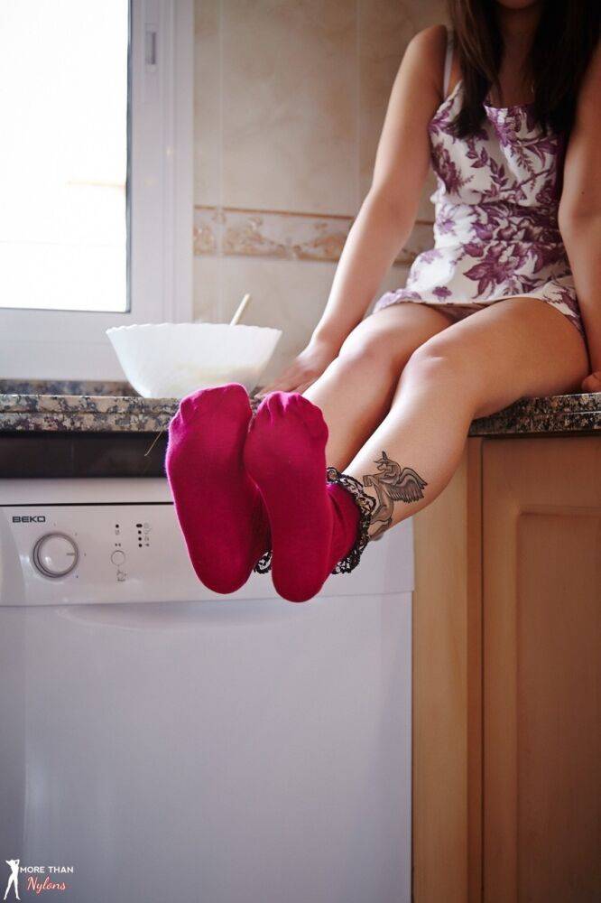 Solo model Helen G goes topless in lac topped socks while doing her baking - #12