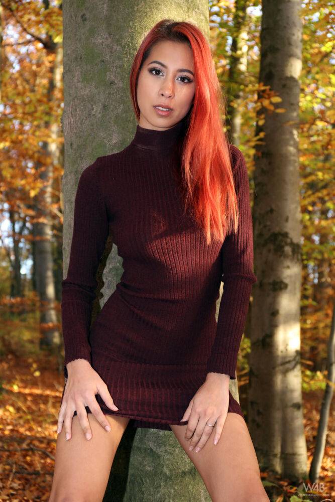 Sexy redhead Paula Shy spreads her pussy lips while naked on a forest floor - #10