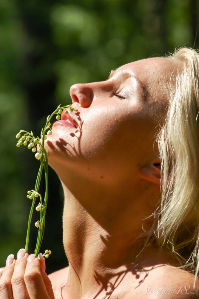 Young blonde Vanessa S hits upon great nude poses in a field near the woods - #5