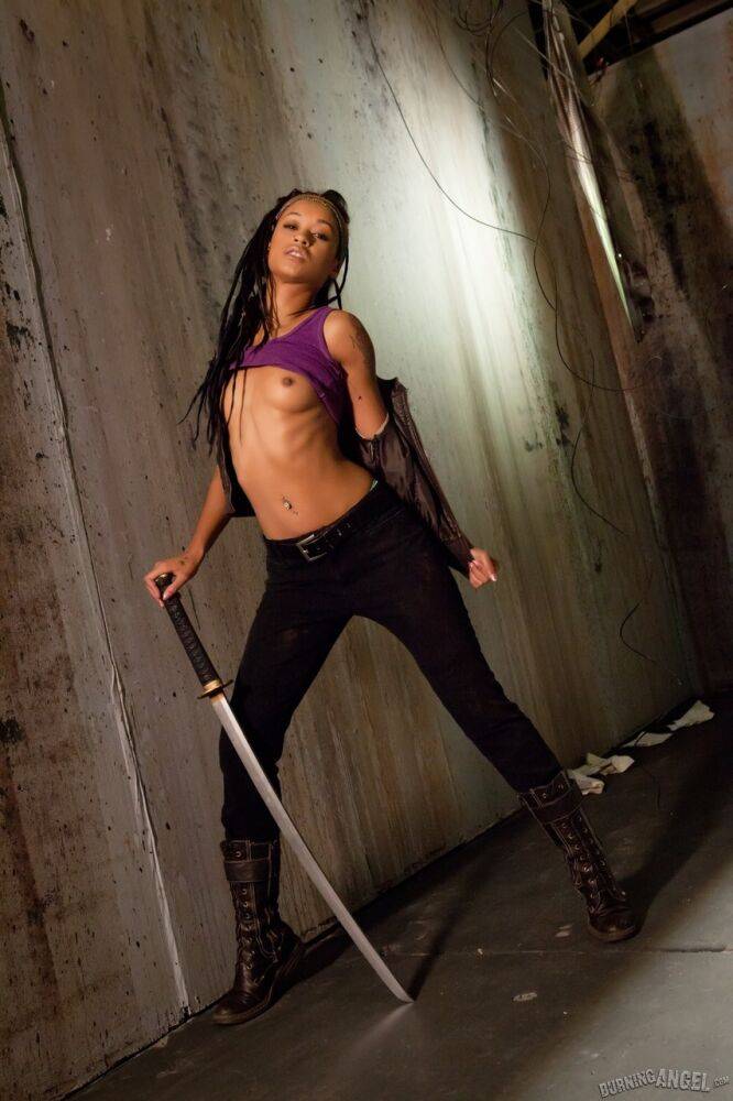 Hot ebony chick Skin Diamond finger fucks after dropping her Samurai sword - #1