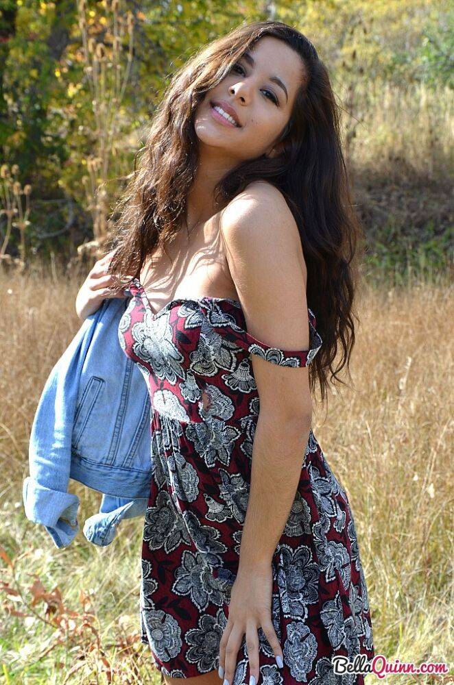 Latina first timer Bella Quinn covers up her exposed boobs in a field - #4