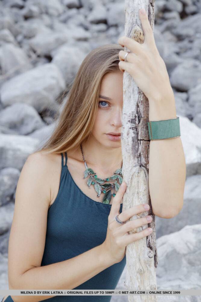 Beautiful teen Milena D displays her trimmed pussy on rocks in a riverbed - #11