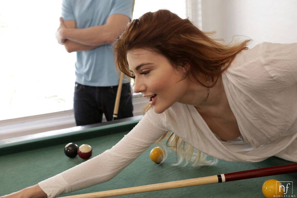 Young redhead gets fucked by a large cock on top of a pool table - #7