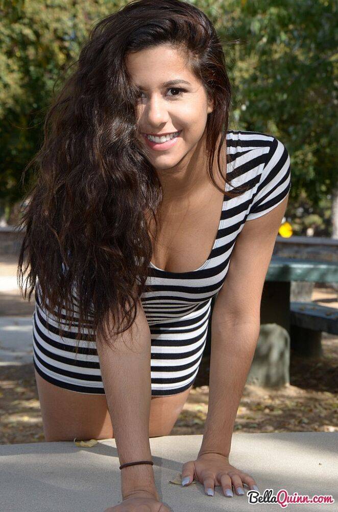 Brazilian amateur Bella Quinn poses non nude in a striped dress outside - #4