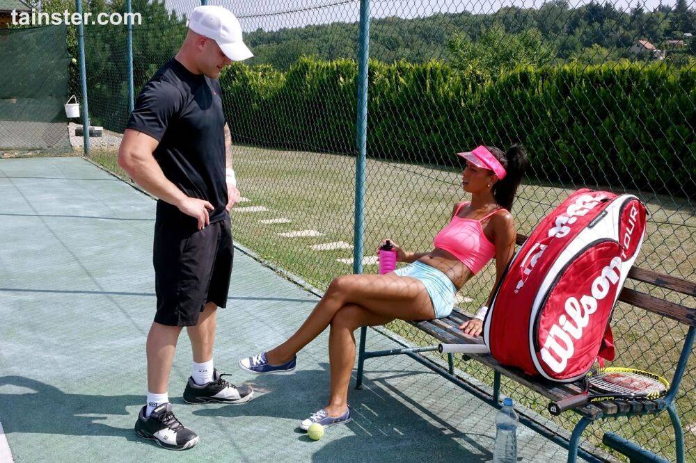 Brunette tennis players has sex on the court in a sports bra and sun visor - #7