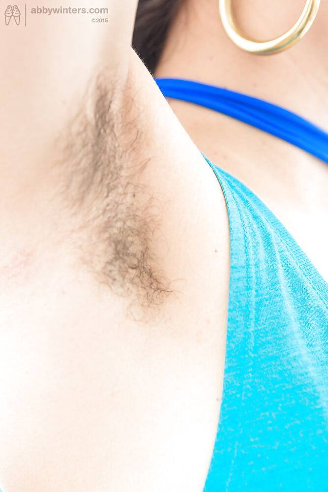 Hairy brunette amateur Sabina M showing off furry underarms and bush - #11