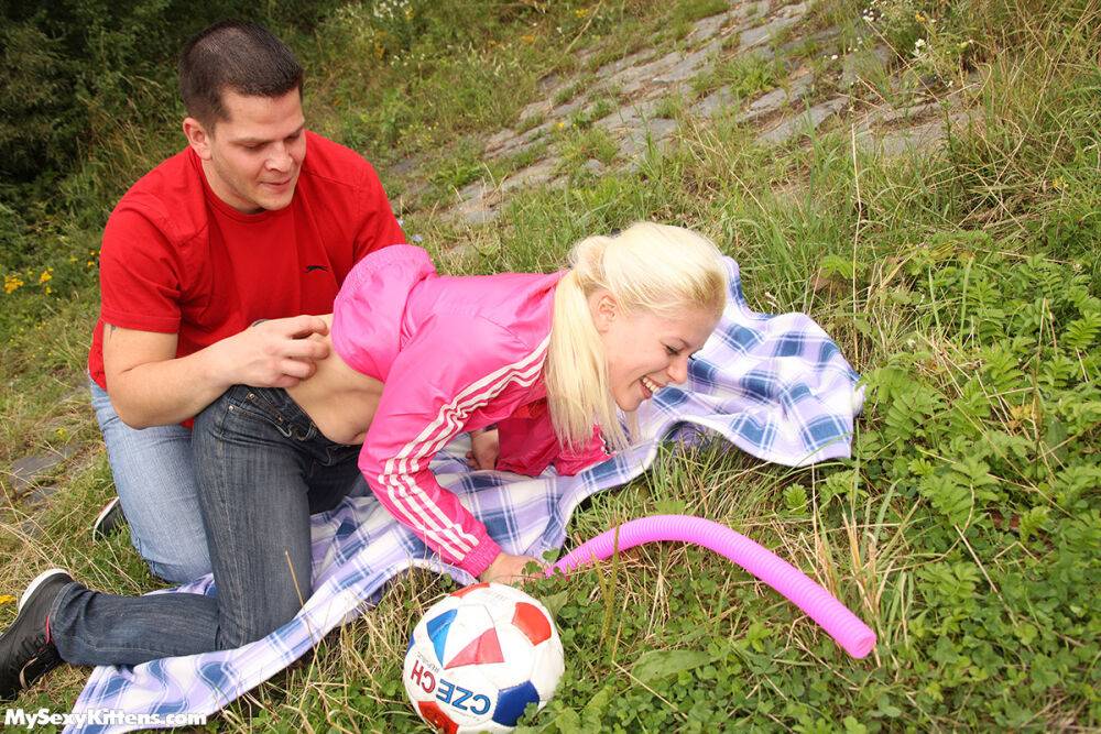 Young blonde and her boyfriend fuck on a blanket out among nature - #5