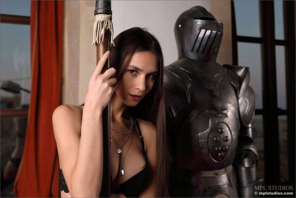 Beautiful girl showcases her shaved vagina afore a Knight in a suit of armour - #3