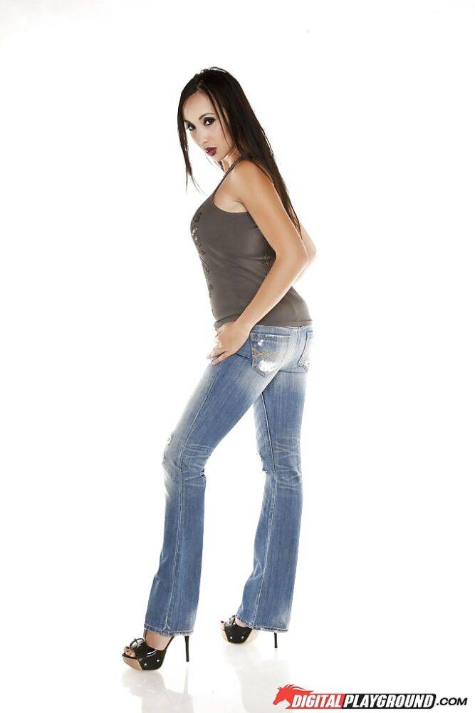 Brunette milf with a perfect body Katsuni posing in jeans and high heels - #5