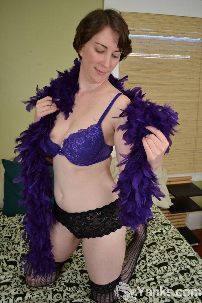 Amateur Inara Byrne is draped in a feather boa while showing her tits and twat - #5