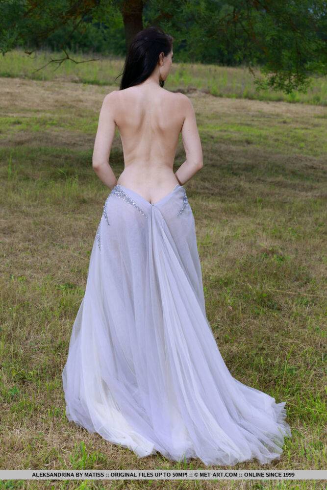 Dark haired teen Aleksandrina slips off a prom dress to pose naked in a field - #7