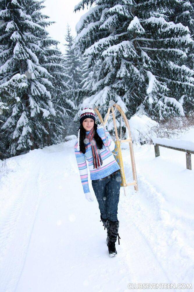 Young looking girl masturbates on a sled with a toy on a winter's day - #4