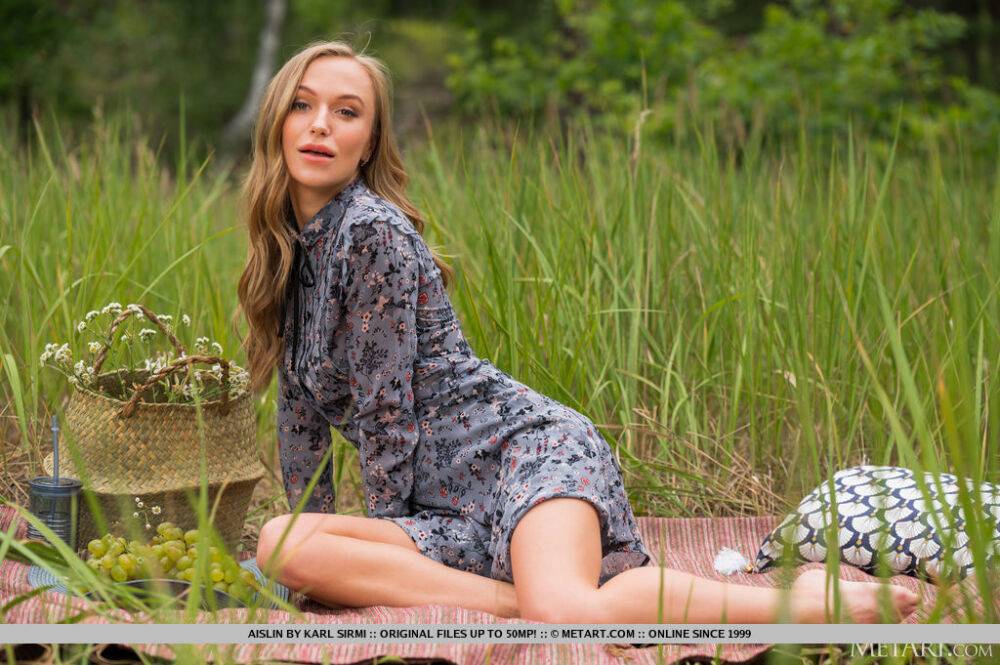 Slim model Aislin gets totally naked on a blanket after picking flowers - #3