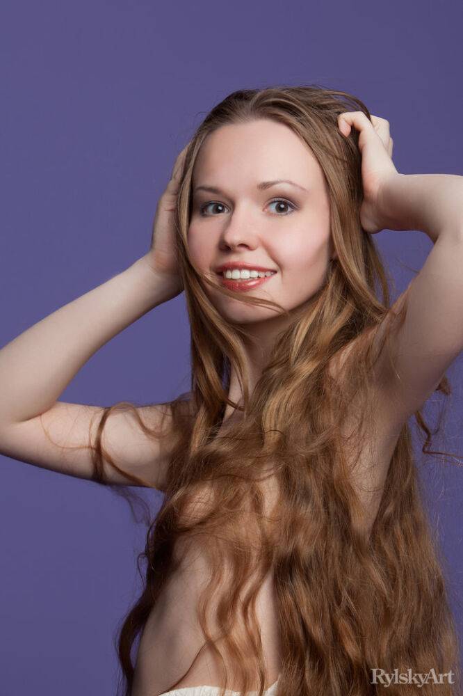 Charming teen with really long hair Virginia Sun frees her goods from a dress - #1