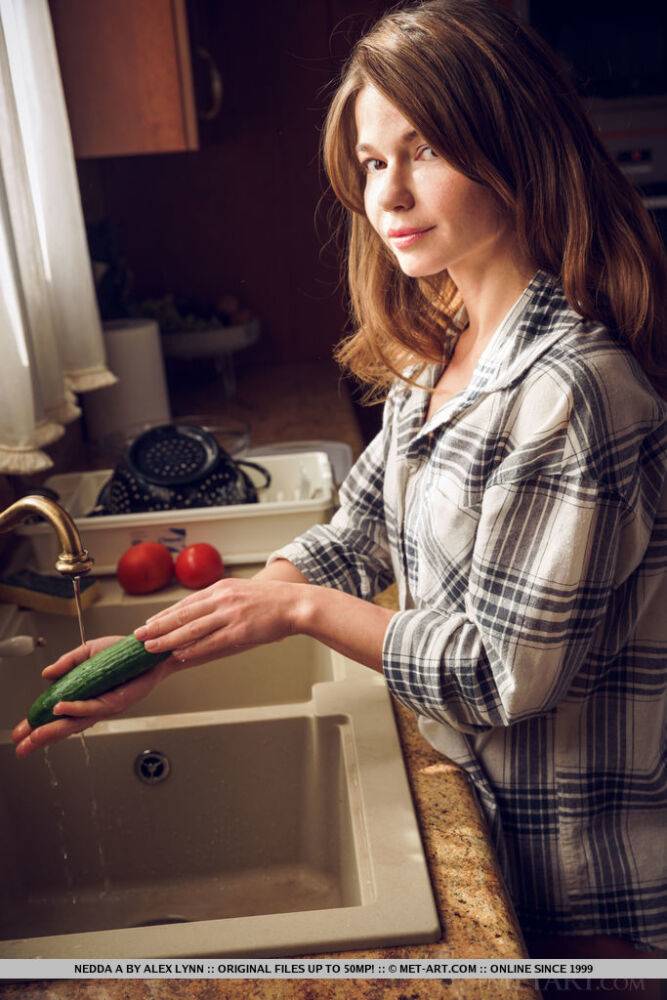 Petite teen Nedda A strikes great nude poses on the kitchen counter - #12