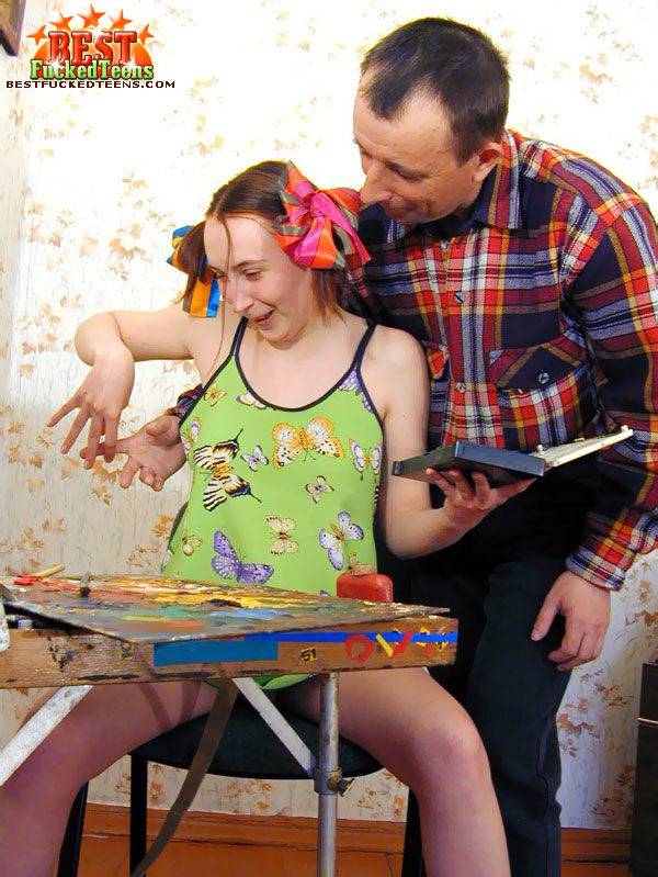 Young looking girl has her painting session intruded upon by a horny old man - #11