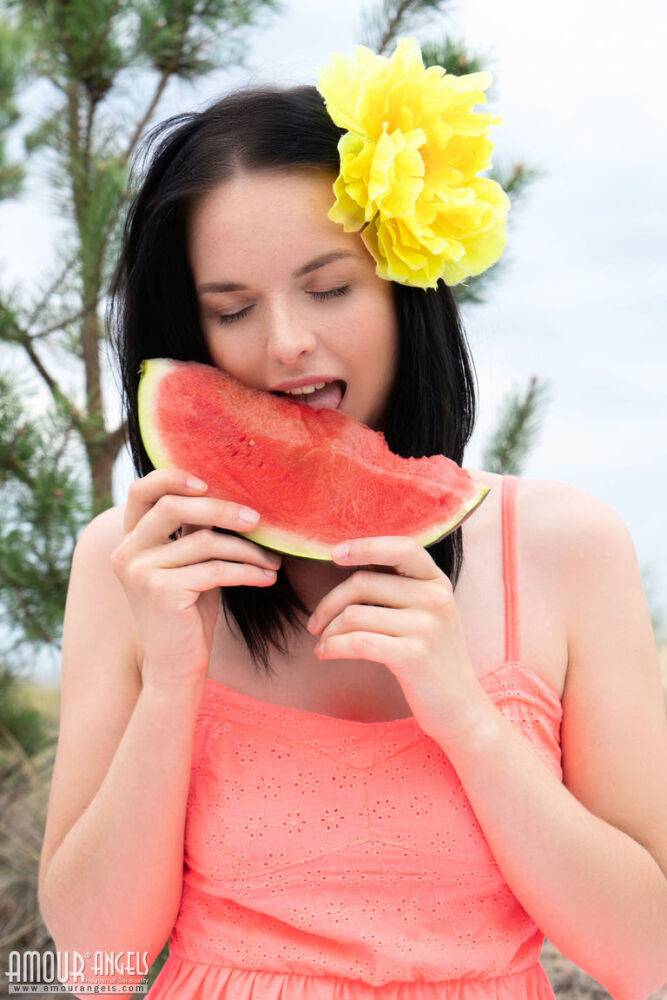 Sweet teen Stacy eats a watermelon while getting naked outdoors on a blanket - #6