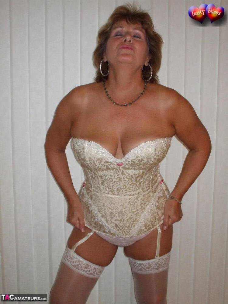 Mature woman models non nude in a corset and nylons with garters - #7