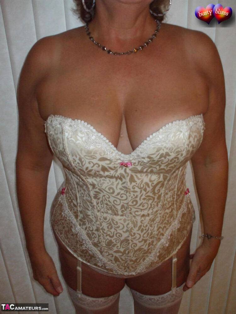 Mature woman models non nude in a corset and nylons with garters - #12