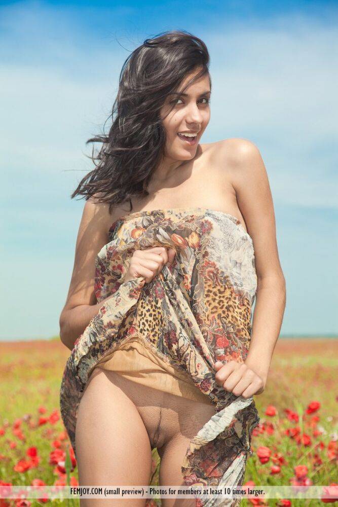 Young brunette Adrienne wanders bare naked in a field of poppies - #12