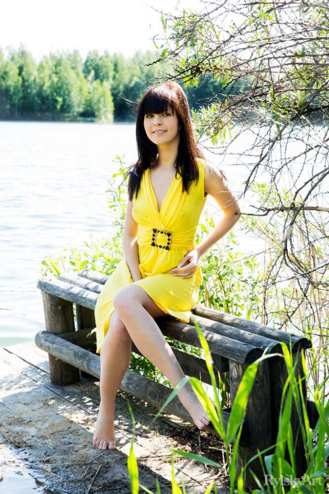 Young brunette girl in a yellow dress flashes her girl parts by a river - #4