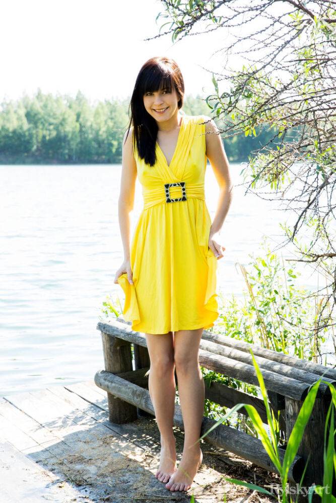 Young brunette girl in a yellow dress flashes her girl parts by a river - #7