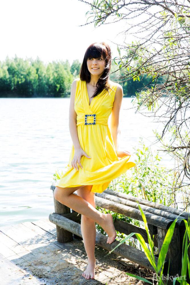 Young brunette girl in a yellow dress flashes her girl parts by a river - #5