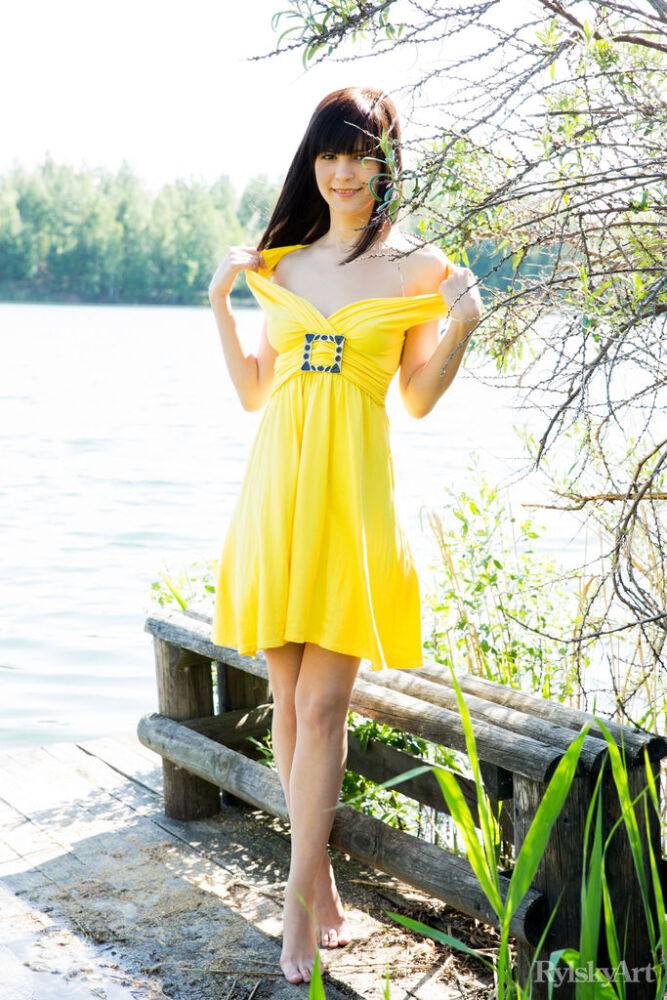 Young brunette girl in a yellow dress flashes her girl parts by a river - #15