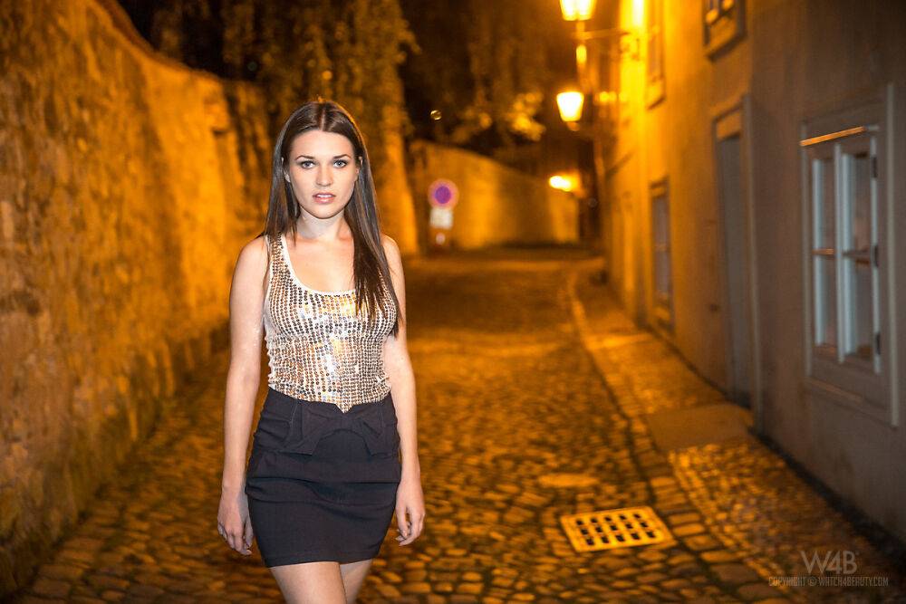 Solo girl Serena flashes her tits and ass while wandering a city at night - #15