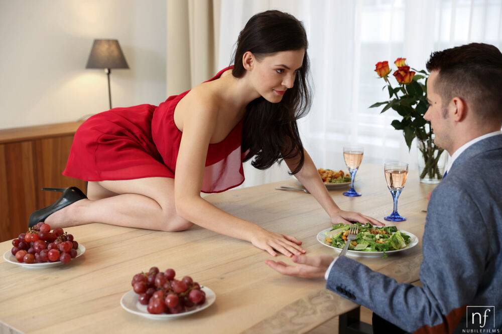 Horny teen Anie Darling seduces her date over dinner in a red dress - #4