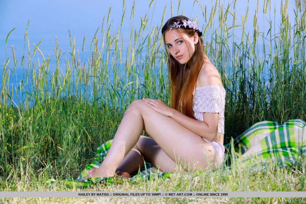 Young girl Hailey gets naked on a blanket in front of tall grasses - #14