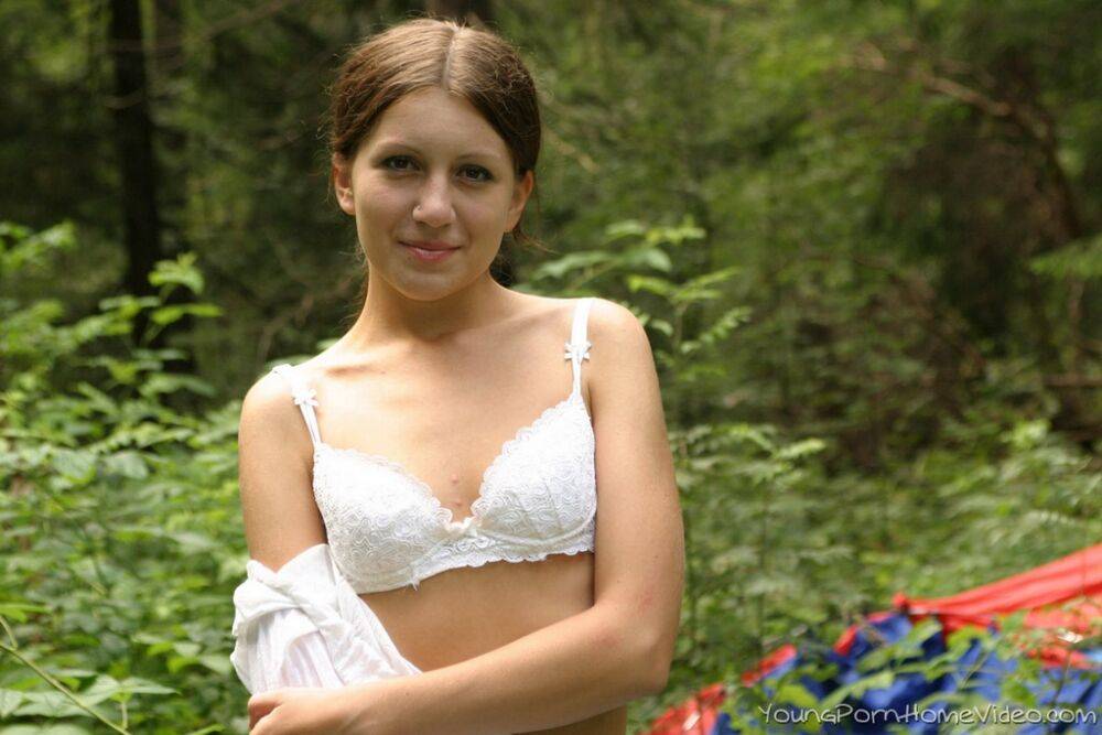 Slender teen Terra strips and masturbates on a blanket in the woods - #15