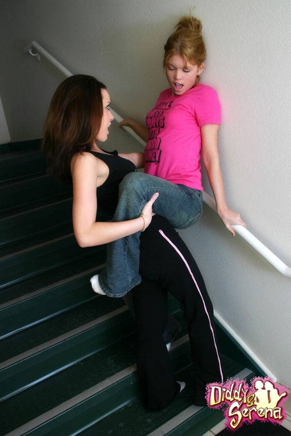 Amateur lesbians Diddy & Serena having a XXX moment on the stairs - #11