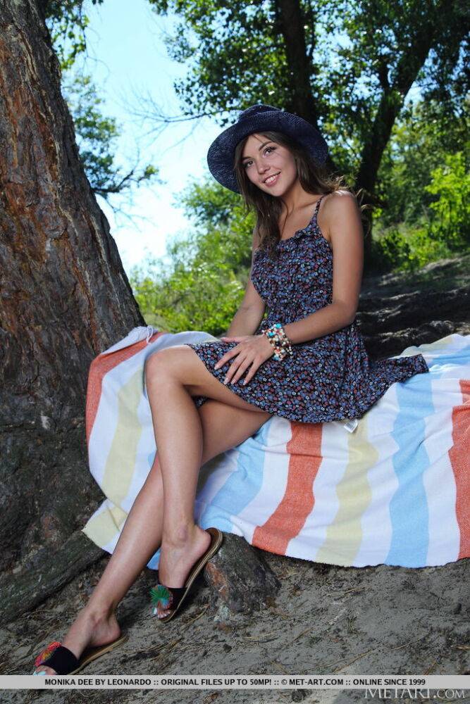 Young brunette Monica Dee gets totally naked on a blanket under a tree - #4