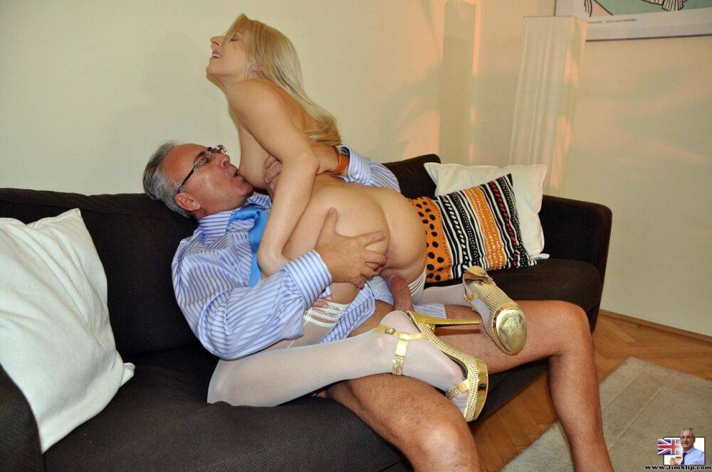 Blonde girl seduces and bangs an old man in a short dress and stockings - #9
