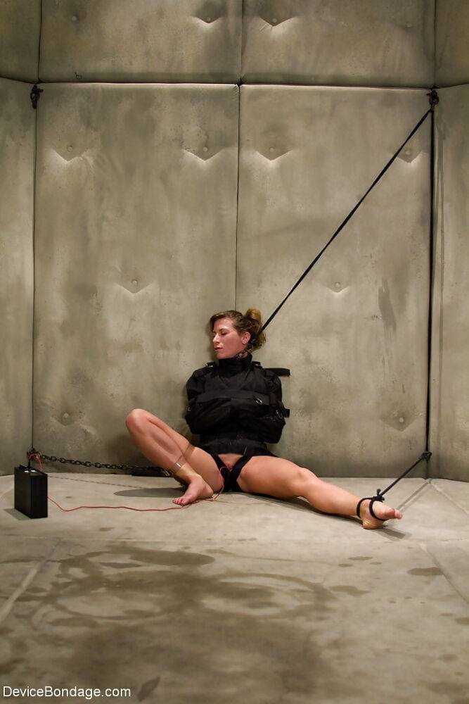 A straight jacket restrained Ariel X receives electroshock on bald pussy - #10