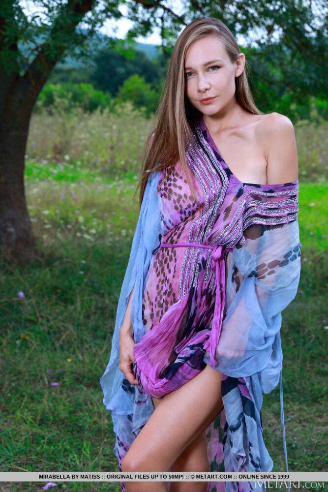 Tall young girl Mirabella displays her skinny body in a field - #6